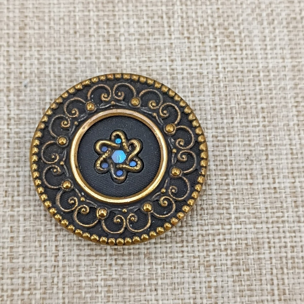 Victorian Brass Button MOP Center ~31mm Japanned Black Mother of Pearl Antique